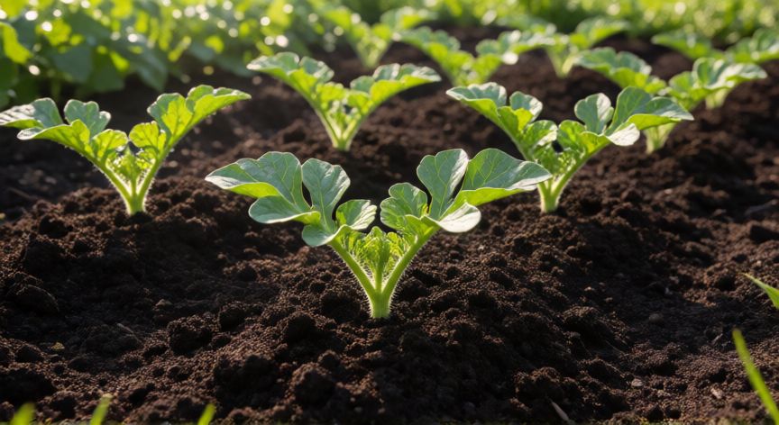 como sembrar sandías en casa, Plántulas jóvenes de sandía brotando en una cama de cultivo preparada con tierra fértil.