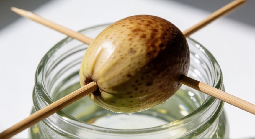 como sembrar semilla de aguacate, Semilla de aguacate germinando en agua con palillos