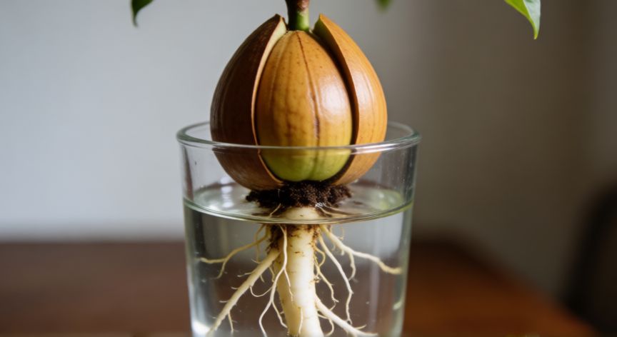 como sembrar semilla de aguacate, Raiz blanca emergiendo de la semilla de aguacate