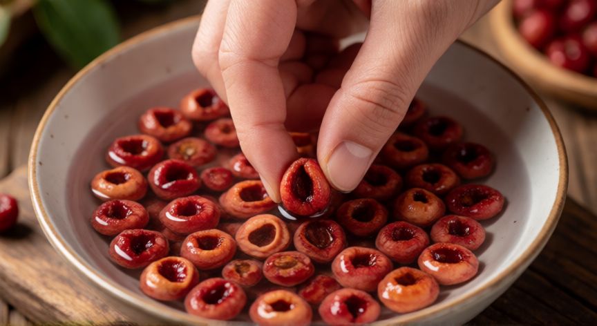como sembrar semillas de cereza, Proceso de limpieza de semillas de cereza en un cuenco con agua