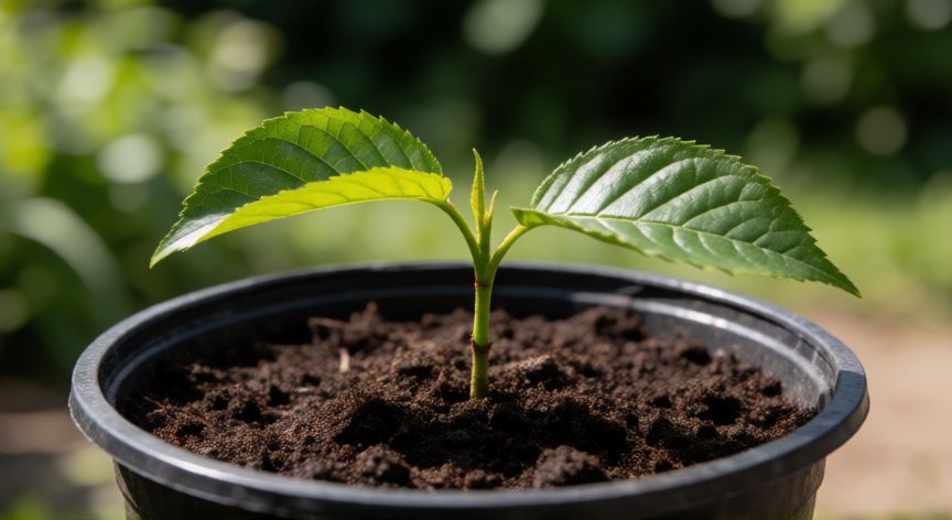 como sembrar semillas de cereza, Plántula joven de cerezo creciendo en una maceta con sustrato oscuro