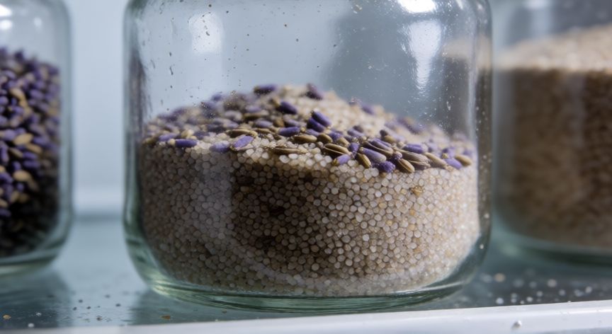 como sembrar semillas de lavanda, Semillas de lavanda con arena húmeda en un frasco dentro de la nevera para estratificación