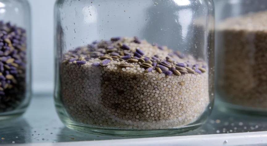 Semillas de lavanda con arena húmeda en un frasco dentro de la nevera para estratificación