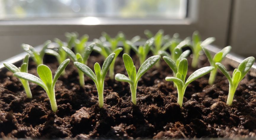 como sembrar semillas de lavanda, Plántulas de lavanda recién germinadas en bandeja de sustrato bajo luz solar