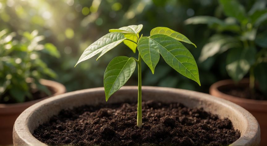 como sembrar semillas de papaya, Plántula joven de papaya en maceta con tierra fértil