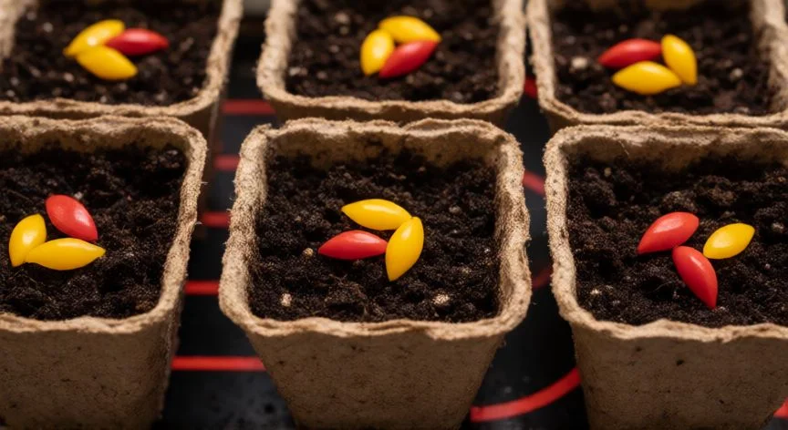Semillas de pimiento en maceteros pequenos listas para germinar