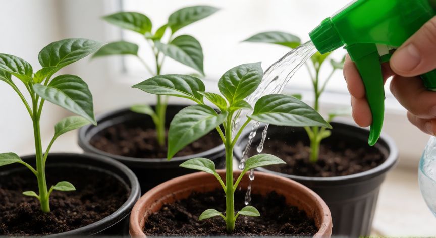 como sembrar semillas de pimientos, Plántulas de pimiento sanas siendo regadas con aspersor