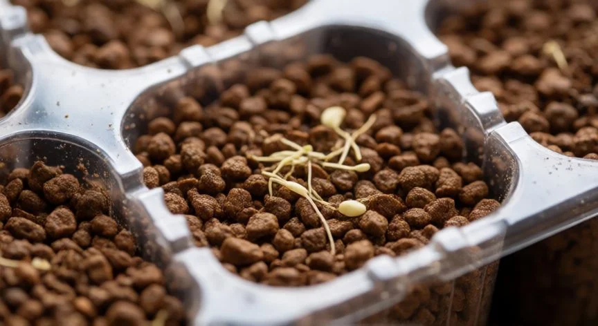 Bandeja de germinación con sustrato de perlita y vermiculita preparado para semillas de tomate