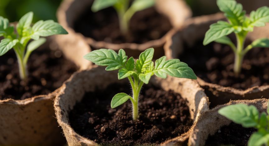 como sembrar semillas de tomate, Primeros brotes verdes de tomate asomando del sustrato en macetas biodegradables