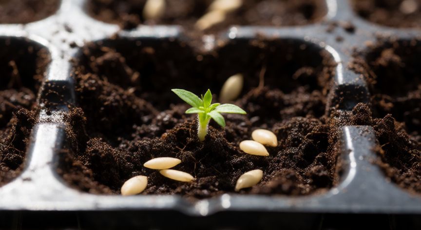 como sembrar tomates, Semillas de tomate germinando en bandeja de siembra con brote verde