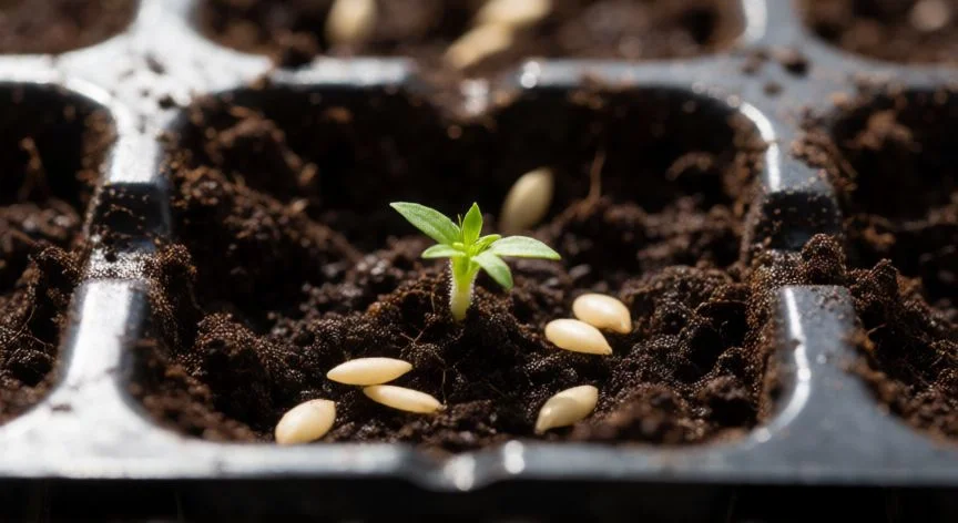 Semillas de tomate germinando en bandeja de siembra con brote verde