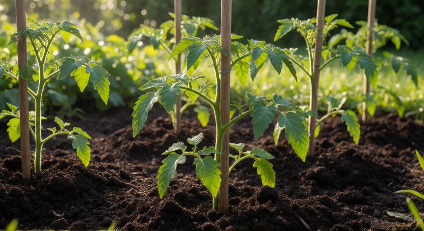 como sembrar tomates, Plántulas de tomate jóvenes en el huerto con tutores de madera
