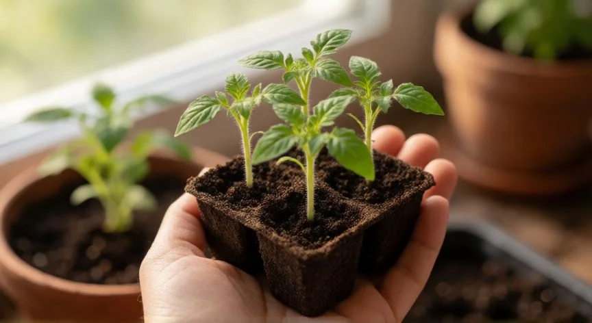 Manos sosteniendo bandeja con plántulas de tomates cherry recién germinadas