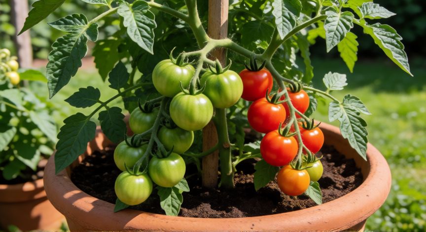 como sembrar tomates cherry, Planta de tomate cherry madura con frutos rojos y verdes en maceta de terracota