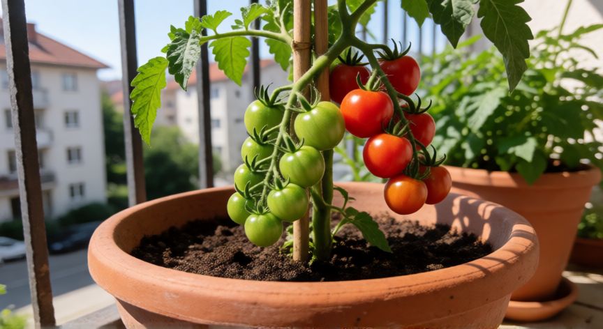 como sembrar tomates cherry en maceta, Tomatera cherry en maceta con frutos maduros y verdes en balcón