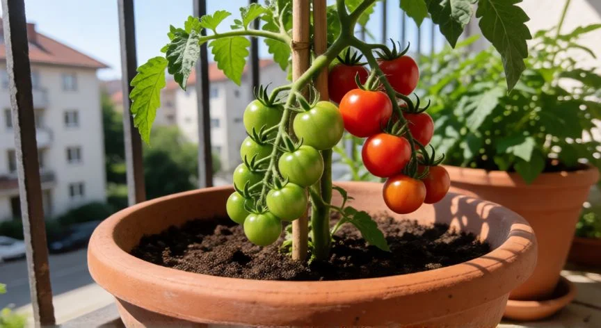 como sembrar tomates cherry en maceta, Tomatera cherry en maceta con frutos maduros y verdes en balcón