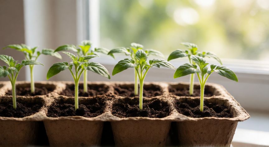 como sembrar tomates en casa, Brote joven de tomate naciendo en tierra húmeda con luz solar natural