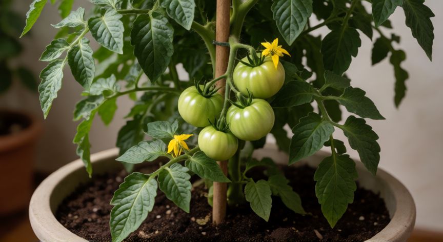 como sembrar tomates en casa, Planta de tomate madura con frutos verdes y flores en maceta grande