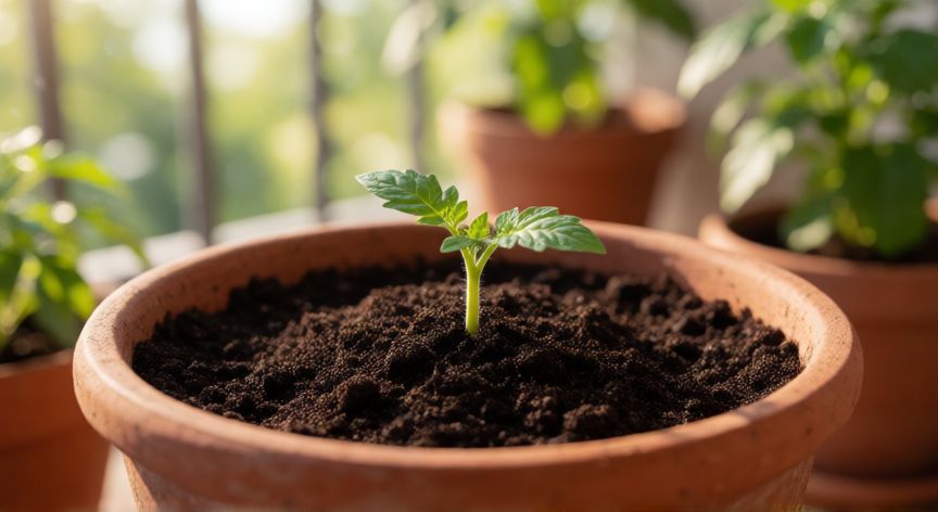 como sembrar tomates en maceta, Joven planta de tomate en una maceta de terracota con sustrato rico