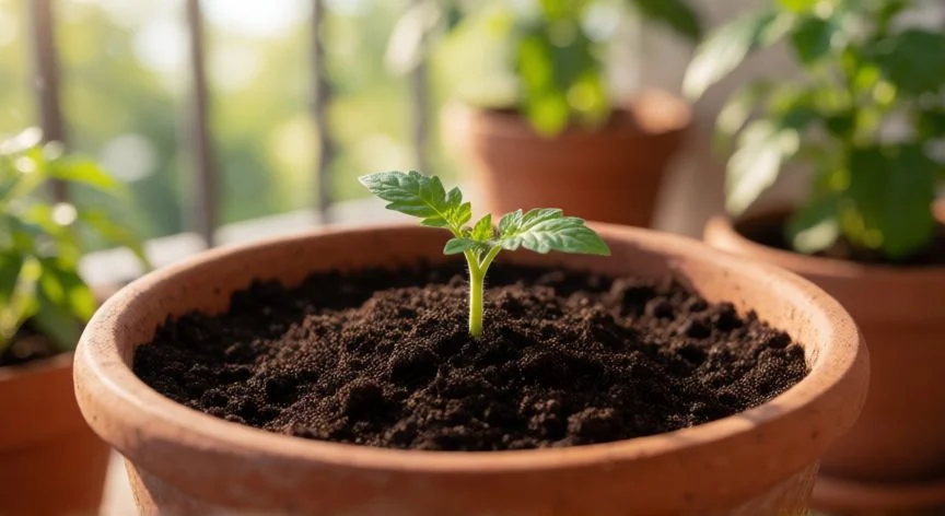 Joven planta de tomate en una maceta de terracota con sustrato rico