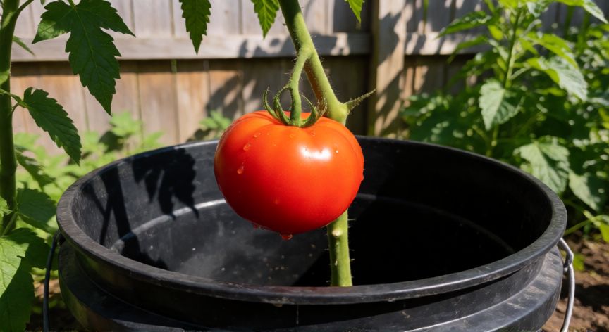 como sembrar tomates en maceta, Tomate rojo maduro colgando de una planta en una maceta grande al aire libre