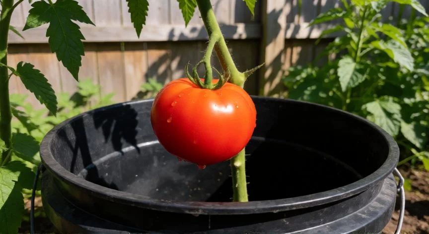 como sembrar tomates en maceta, Tomate rojo maduro colgando de una planta en una maceta grande al aire libre