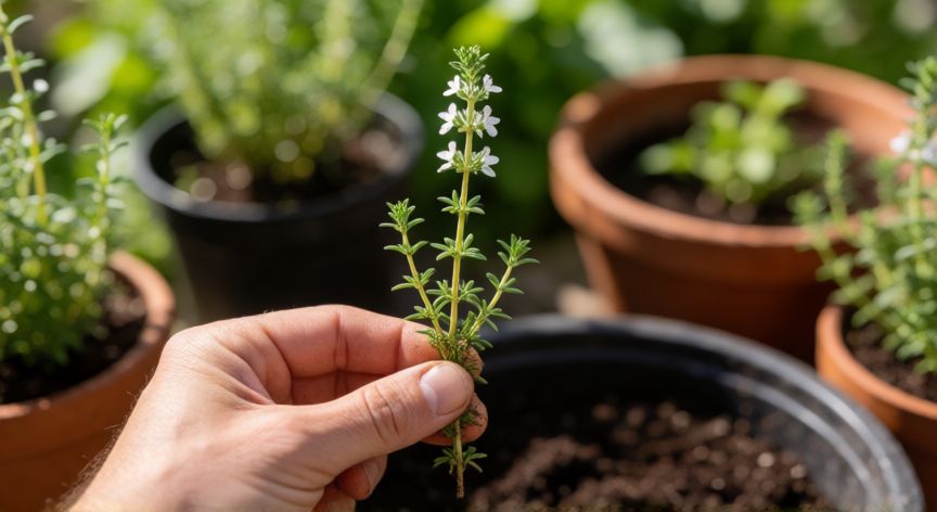 como sembrar tomillo, Jardinero sosteniendo un esqueje de tomillo sano listo para ser plantado