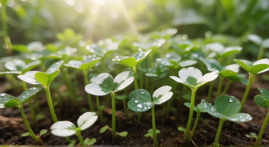 como sembrar trebol blanco enano, Plántulas jóvenes de trébol blanco enano germinando en el jardín