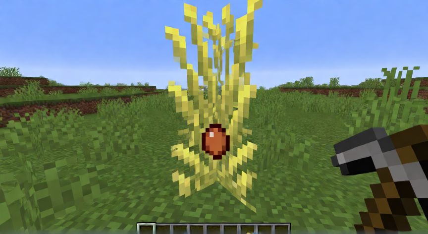 como sembrar trigo en minecraft, Jugador de Minecraft recolectando semillas de trigo de la hierba alta en un bioma de pradera.