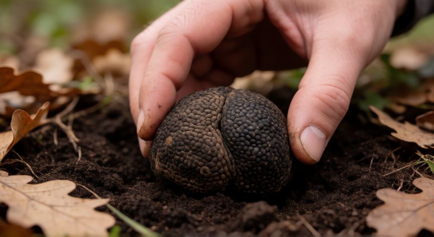 como sembrar trufas, Cosecha de trufa negra del suelo con raíces