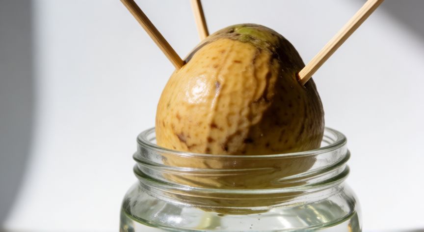 cómo sembrar un aguacate, Semilla de aguacate con palillos en un vaso de agua