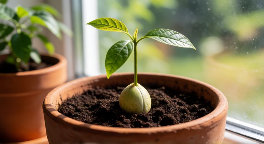 cómo sembrar un aguacate, Joven planta de aguacate en maceta con tierra fértil