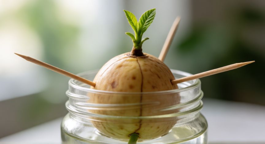 como sembrar un aguacate en casa, Hueso de aguacate germinando en un vaso con agua y palillos