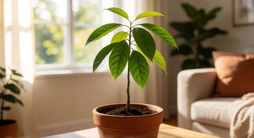 como sembrar un aguacate en casa, Planta joven de aguacate en maceta dentro de una casa luminosa