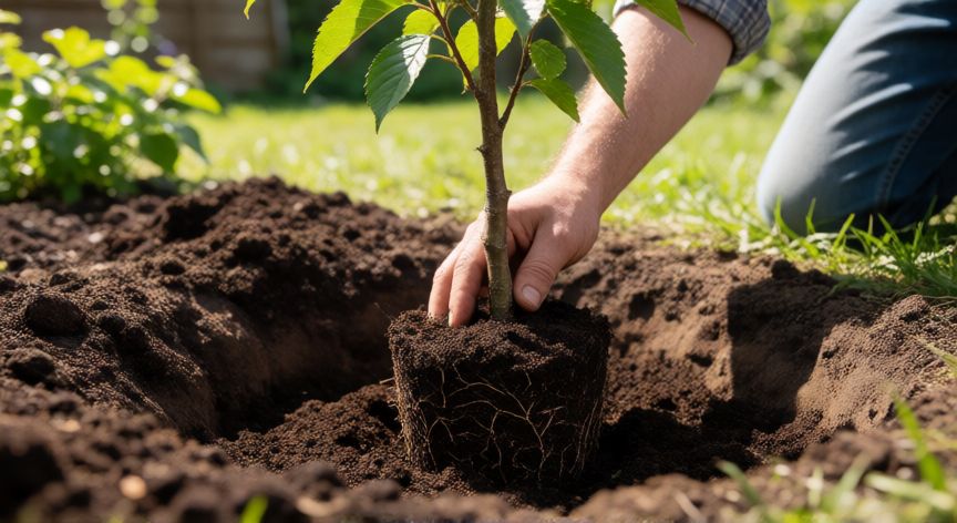 como sembrar un cerezo, Proceso de plantación de un árbol joven de cerezo en un hoyo preparado con abono