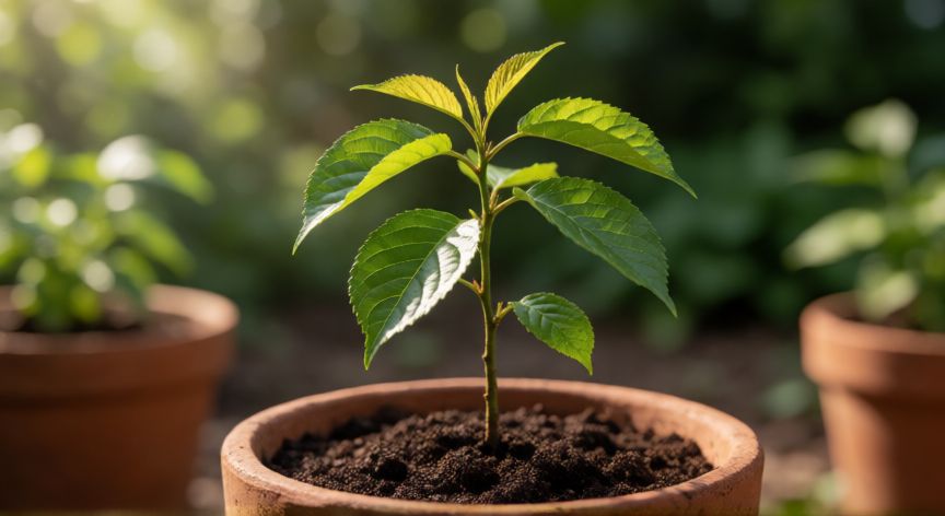 como sembrar un cerezo desde el hueso, Joven plántula de cerezo germinando en una maceta
