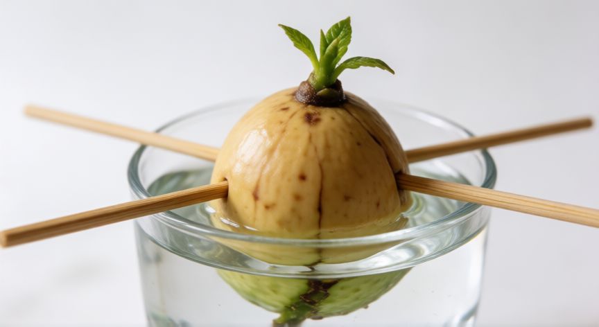 como sembrar un hueso de aguacate, Hueso de aguacate germinando en vaso con agua y palillos