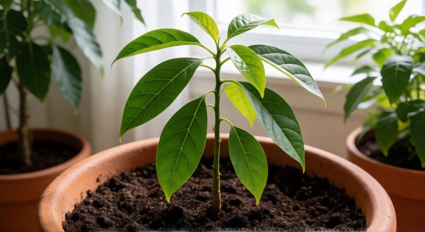 como sembrar un hueso de aguacate, Joven árbol de aguacate en maceta con hojas verdes