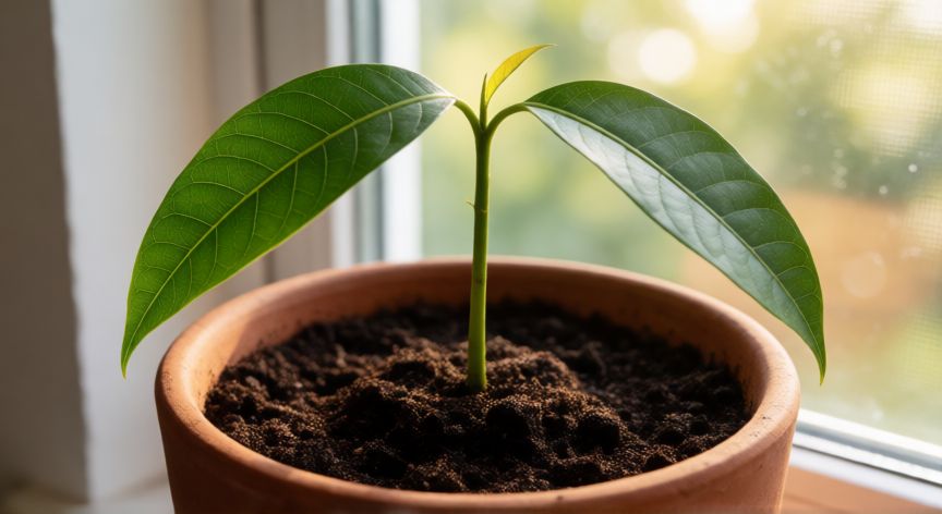como sembrar un hueso de mango, Plántula joven de mango en maceta con luz solar