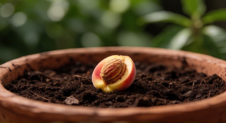 como sembrar un hueso de melocotón, Sembrando un hueso de melocotón en una maceta de barro con tierra fértil