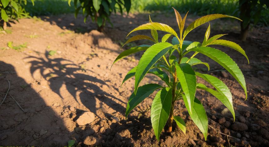 como sembrar un hueso de melocotón, Joven árbol de melocotón brotando en un jardín soleado con hojas verdes