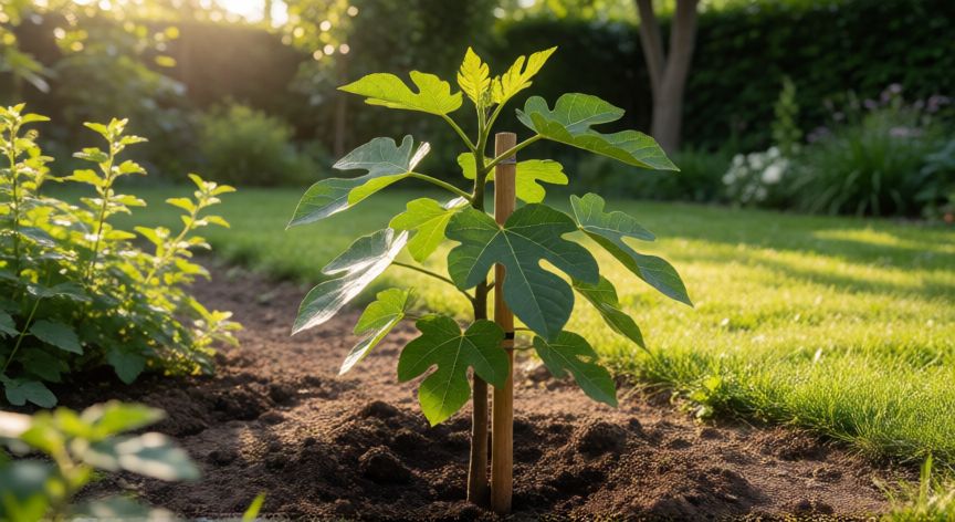 como sembrar una higuera, Joven higuera joven plantada en el jardín con tutor de madera