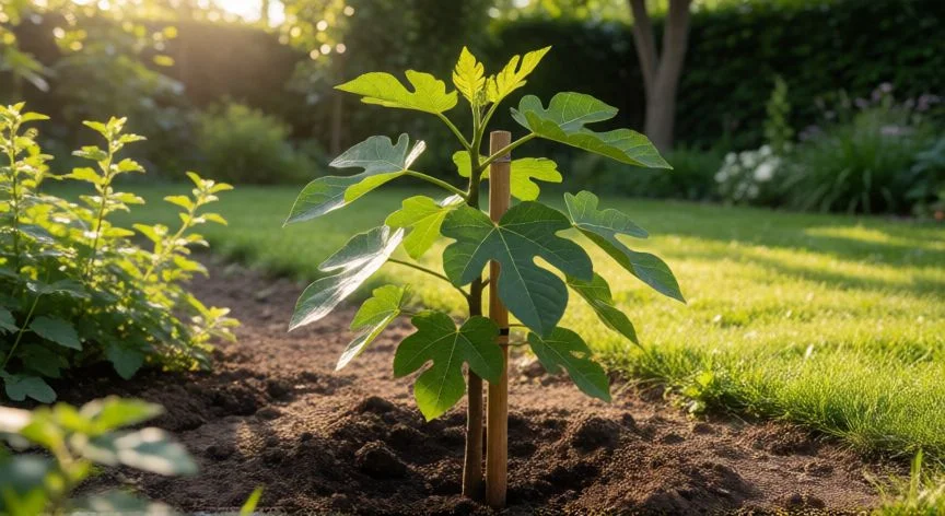 como sembrar una higuera, Joven higuera joven plantada en el jardín con tutor de madera