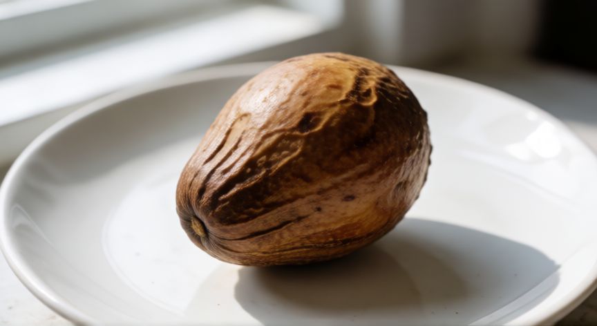 como sembrar una semilla de aguacate, Semilla de aguacate limpia y seca sobre un plato blanco listo para germinar