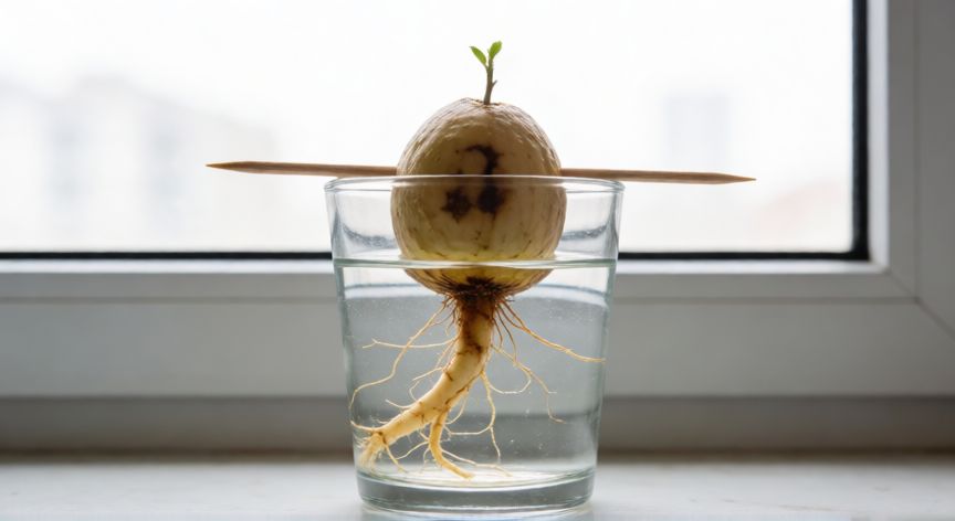 como sembrar una semilla de aguacate, Vaso con palillos y semilla de aguacate germinando con raíz larga