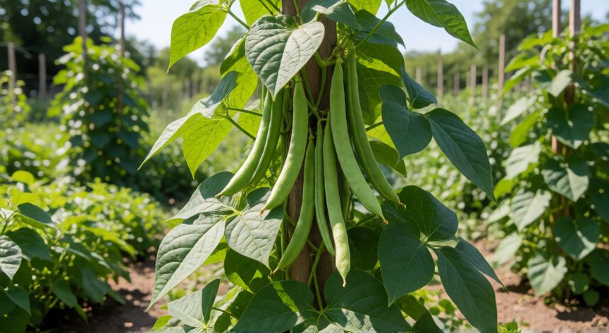 como sembrar vainas, Planta de vainas saludable con vainas maduras creciendo en un tutor