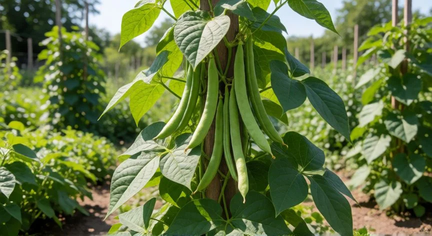 como sembrar vainas, Planta de vainas saludable con vainas maduras creciendo en un tutor