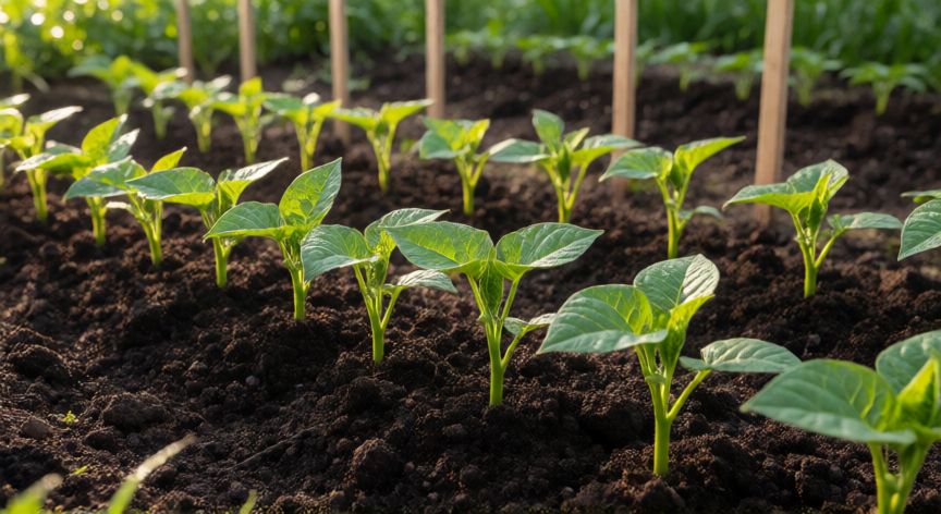 como sembrar vainas verdes, Plántulas jóvenes de vainas verdes germinando en surcos de tierra fértil con luz solar matutina