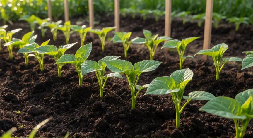 Plántulas jóvenes de vainas verdes germinando en surcos de tierra fértil con luz solar matutina