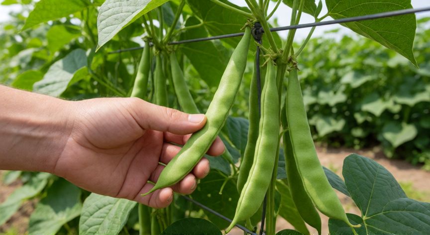 como sembrar vainas verdes, Manos cosechando vainas verdes frescas de una enredadera en un huerto con estructura de alambre